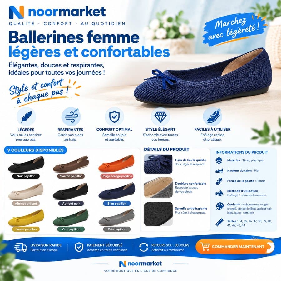 Ballerines plates à nœud pour femme, bout rond